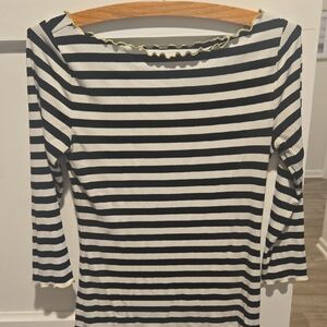 Ann Taylor Black and White Striped Long Sleeve Top with Spring Green Trim